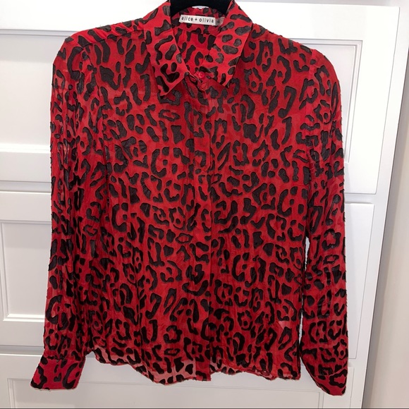 Alice + Olivia Red Willa Placket Leopard Print Blouse Small - Picture 4 of 9